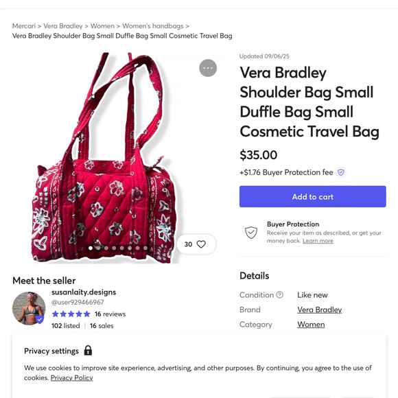 ‘Vera Bradley’ Quilted Red Bandana Duffel Bag - Picture 9 of 9